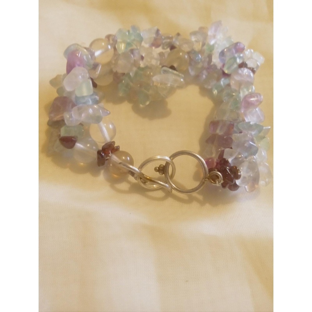 Green, Purple,  Clear Fluorite Chip Double Strand Twisted Bracelet 7 1/2"
